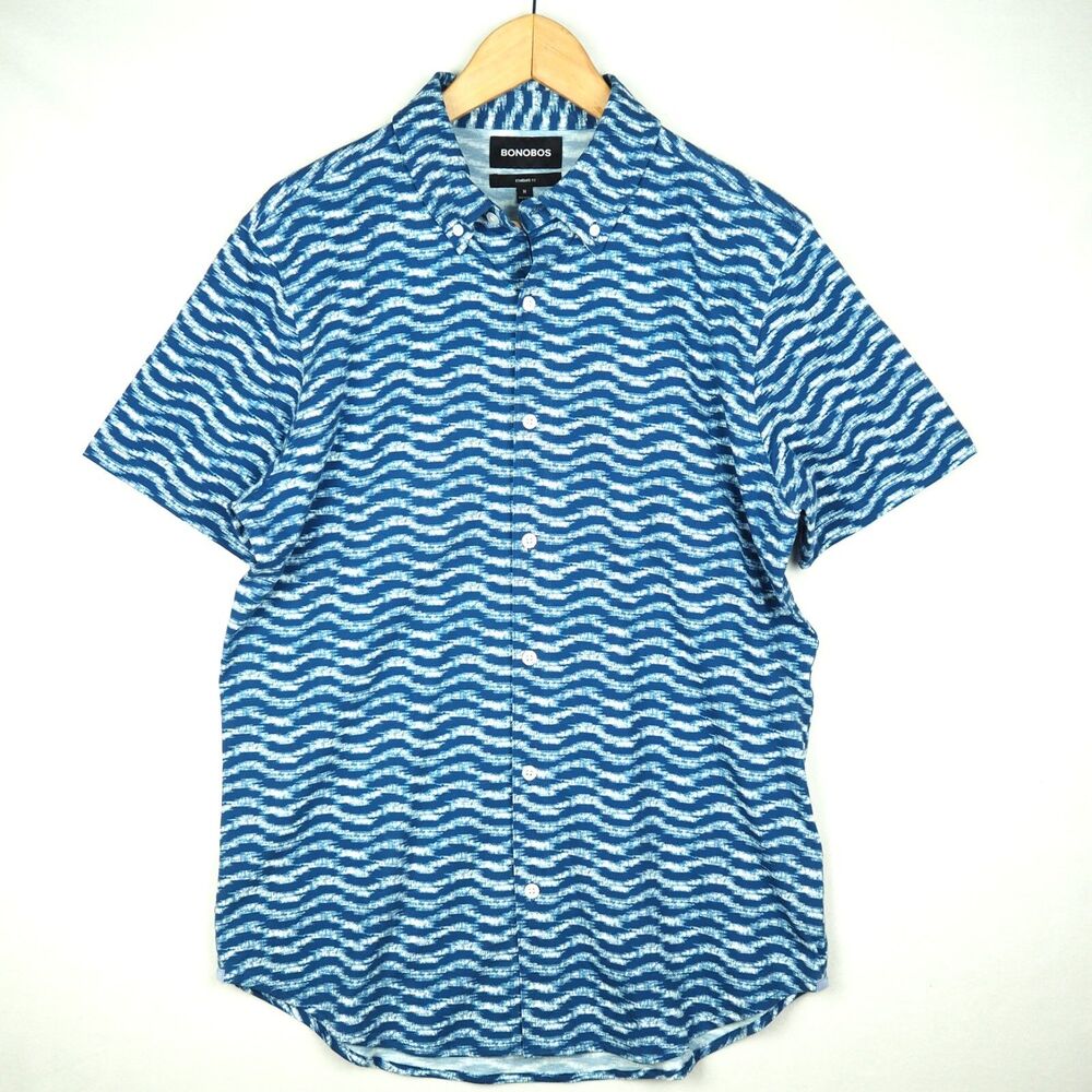 Bonobos Knit Cotton Button Up Shirt Mens M Blue Waves Print Short Sleeve